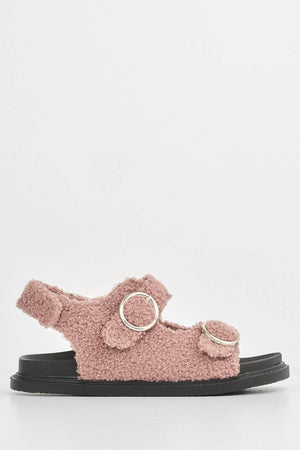Pink Teddy Fur Velcro Flat Sandals