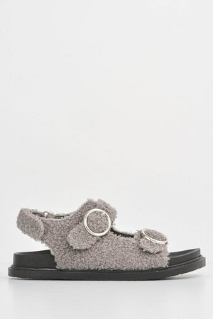Grey Teddy Fur Velcro Flat Sandals