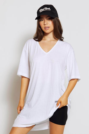 White Cotton Oversize V Neck T-Shirt Dress