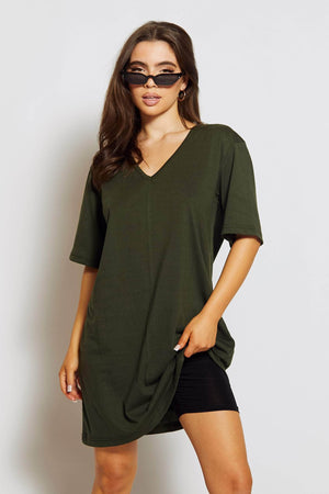 Khaki Cotton Oversize V Neck T-Shirt Dress