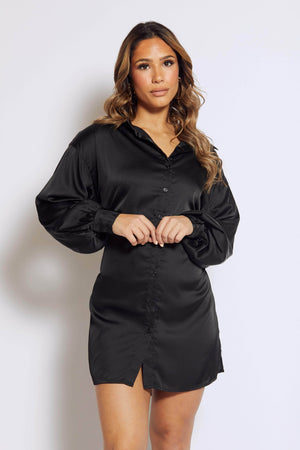 Black Satin Shirt Dress
