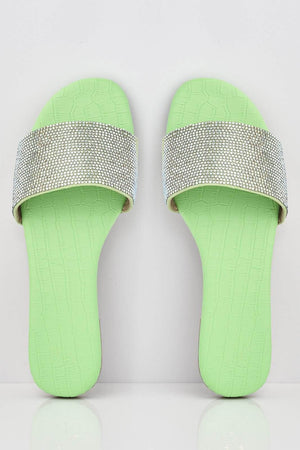 Neon Green Croc Diamante Embellished Sliders