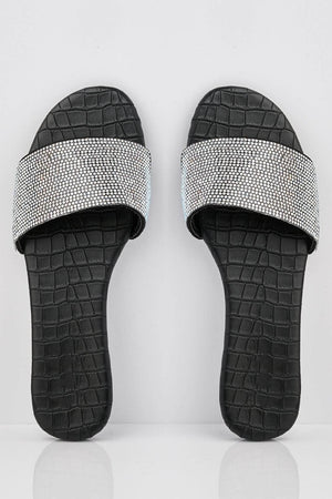Black Croc Pu Sliders with Diamante Strap