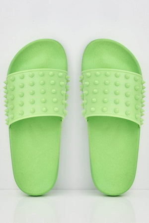 Neon Green Spike Studded Sliders