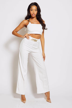 White Trousers with Gold Chain & Cami Crop Top Co-ord