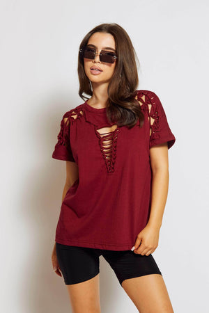 Burgundy Lace Up Shoulder T-Shirt